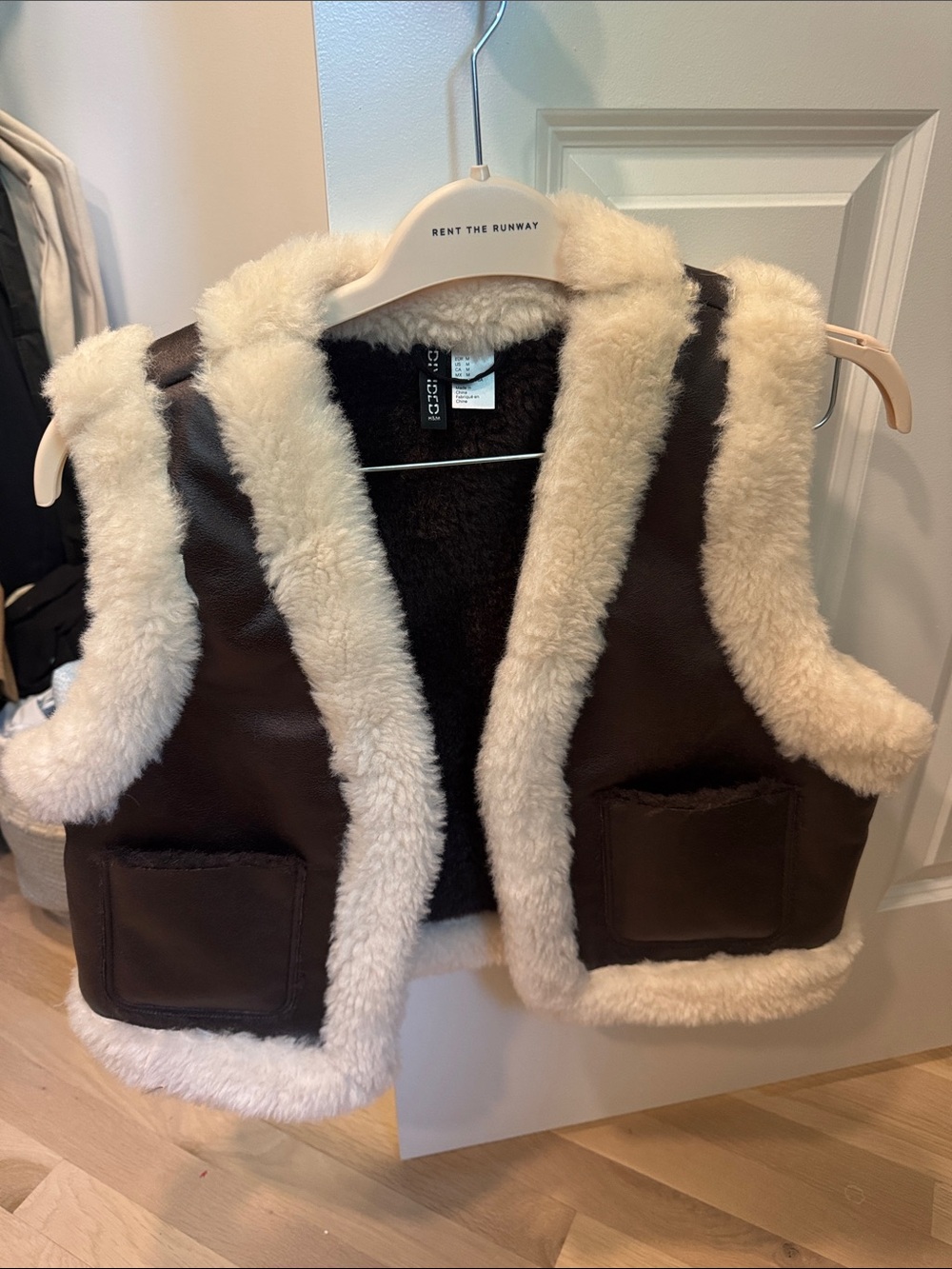 H&M Brown Faux Shearling Vest with Cream Trim